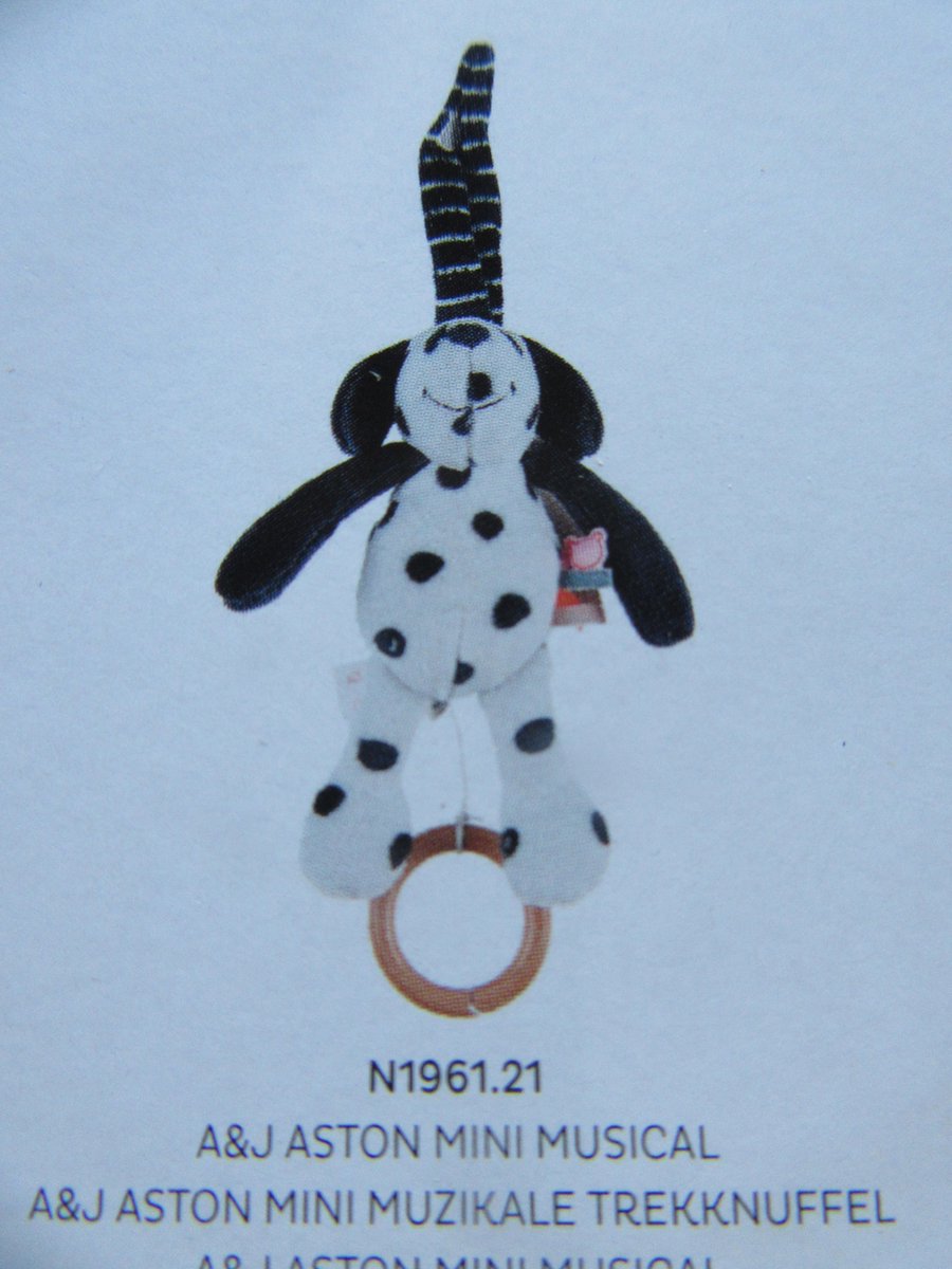 muziekknuffel noukies aston de hond , wit met blauwe stippen